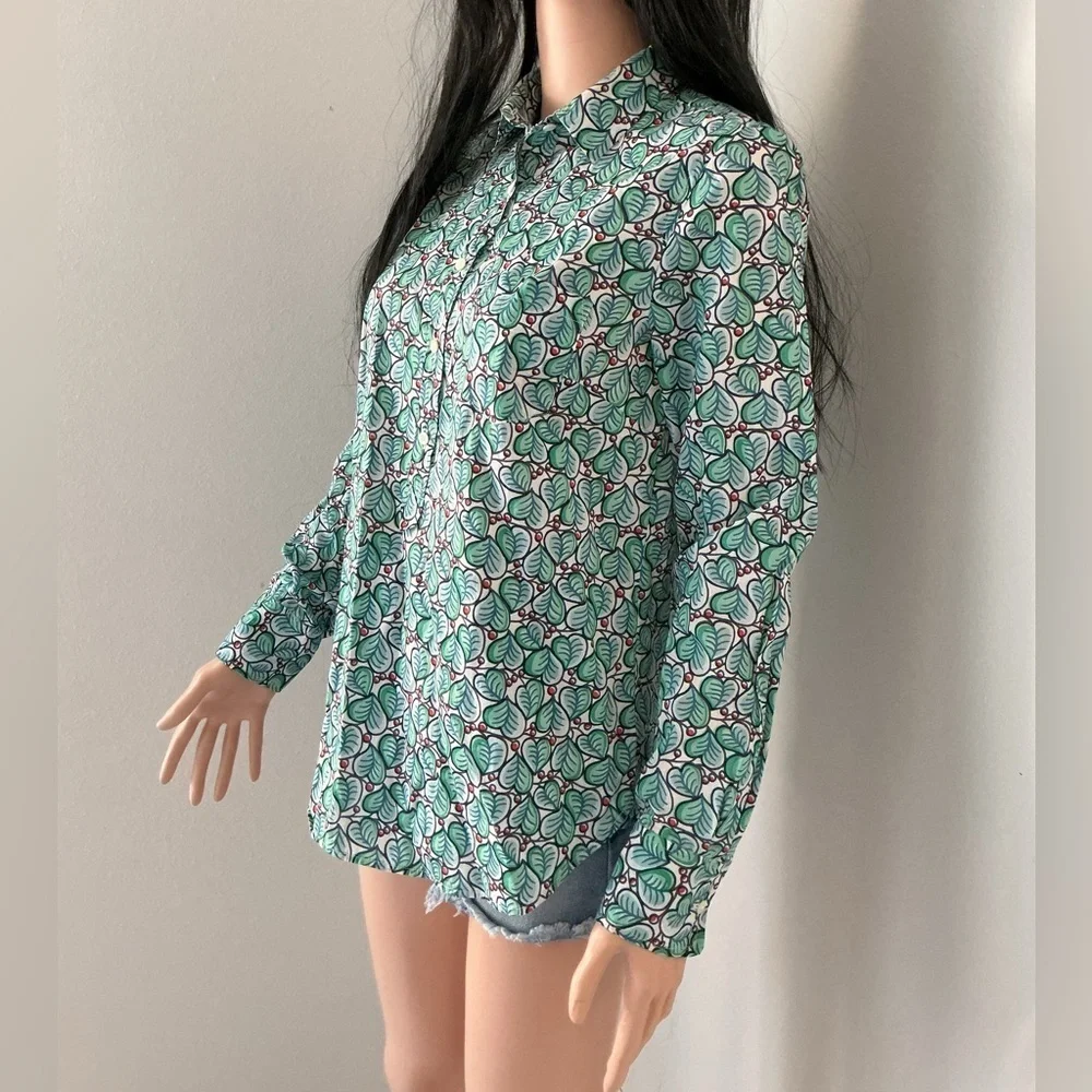 J. Crew Green and White Floral Button-Down Shirt